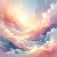 Dreamlike landscape of soft pastel clouds converges at bright sun