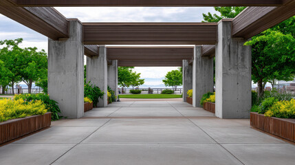 Modern Architectural Pavilion with Concrete Columns and Symmetry Surrounded by Lush Greenery and Open Space by Water