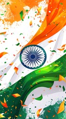 Dynamic Indian flag with confetti, painted in vibrant orange, white, and green strokes, swirling with energy and movement