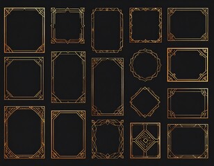 Collection of golden art deco frames with different styles, on a solid black background