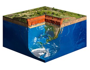Earth section cube revealing land, soil layers, and the ocean, showcasing continental America