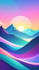 Dreamy pastel landscape with rolling hills, mountains, and a sun setting into the clouds at the horizon