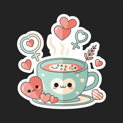 Cartoon cup of hot chocolate with heart design and cute hearts around it on a black background symbolizing love and affection in a playful whimsical style