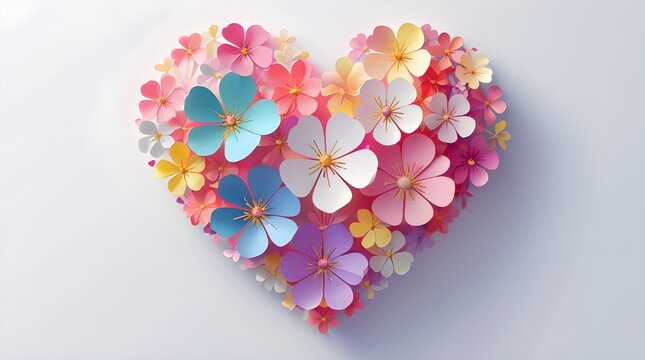 flat vector art featuring a stylized Valentine heart made up of delicate flower petals, set against a clean white background, created in a modern vector art style with bold lines, minimalistic shapes,