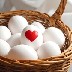 Eggs fill a wicker basket, one adorned with a red heart, against a draped cloth backdrop, illuminated by soft light