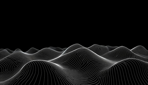 A futuristic digital landscape with wavy lines on a black background