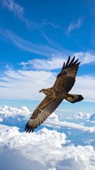 Obraz premium Eagle soaring high above fluffy clouds and blue sky