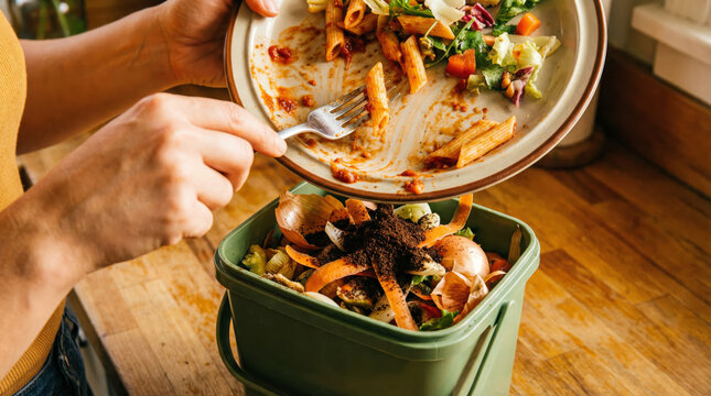 Scraping leftover food into compost bin, sustainable zero waste lifestyle. Eco-friendly kitchen practice.