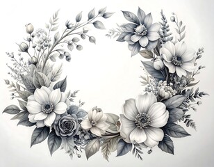 Elegant monochrome wreath of flowers and foliage with intricate details, creating a delicate and serene impression