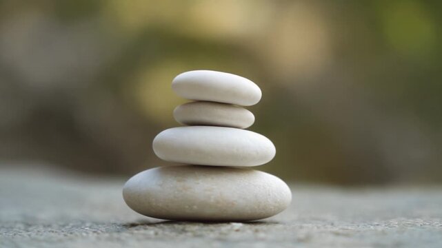 A serene stack of smooth, light-colored pebbles demonstrating perfect equilibrium and mindful tranquility