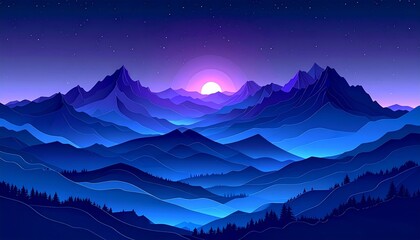 layered paper cutout style illustration of purple mountains at sunset