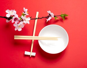 Empty bowl, chopsticks, and flowering branch displayed on red background for a vibrant, minimalist composition