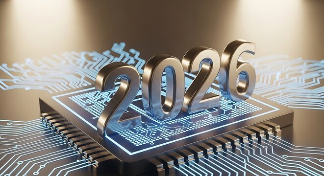 Future Tech 2026: Shiny Metallic Numbers on Advanced Processor with Glowing Digital Circuit Board Background, Innovation & Progress Concept