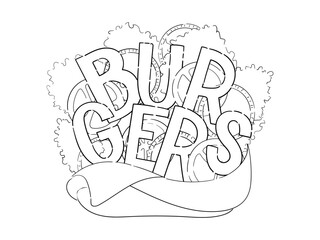 Whimsical burger lettering with lettuce, out line, line art