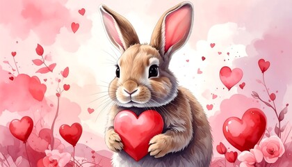 Cute bunny hugs a heart, surrounded by blooming flowers and hearts, painted in soft, pink, and white watercolor hues