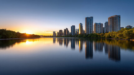 Obraz premium Serene Dawn Reflection of Urban Skyline Across Calm River with Buildings Illuminated by Early Morning Light