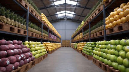 Rows of Packaged Fruits in a Bright Interior Storage Facility Ready for Distribution and Sale