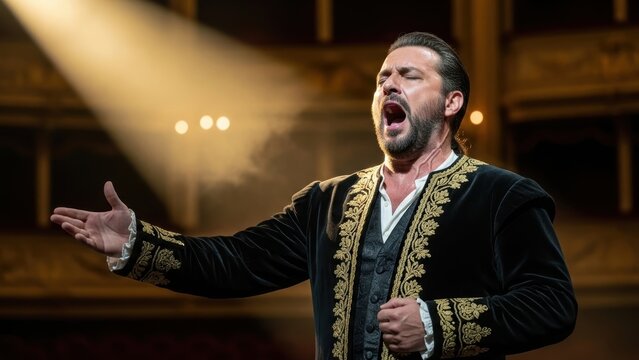 Male opera singer performing with passion on a grand stage.