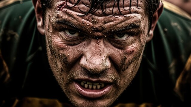 Gritty and determined face of a muddy rugby player.