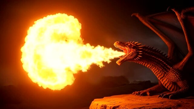 Dragon breathing fire in a dark fantasy scene.