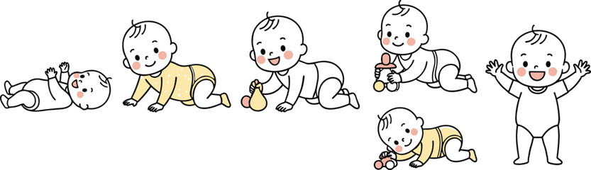 Baby development stages from lying to standing with toys, illustrated in playful sequence showing motor skill milestones on white background