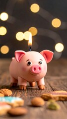Festive scene with a pig candle on wood with cookies & bokeh lights for a birthday or celebration