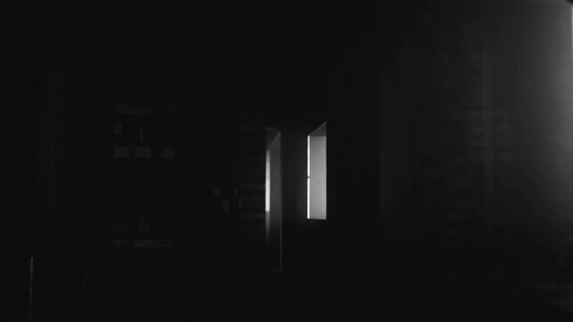 Dark room with a sliver of light through the door.