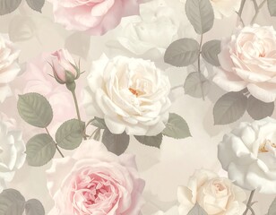 Delicate floral pattern featuring roses in soft pink, cream, and peach tones with green leaves on a neutral background