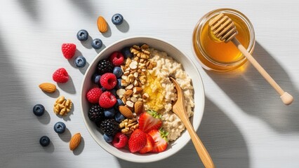 Healthy Granola Bowl with Fresh Berries Honey and Banana.