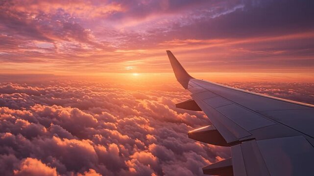 Airplane wing flying above clouds during vibrant sunset.