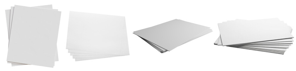 various views of blank white paper stacks and scattered sheets, perfect for mockups and office-related designs.