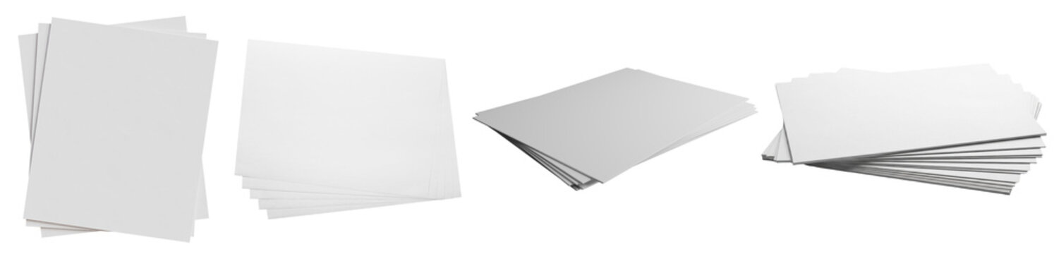 various views of blank white paper stacks and scattered sheets, perfect for mockups and office-related designs.
