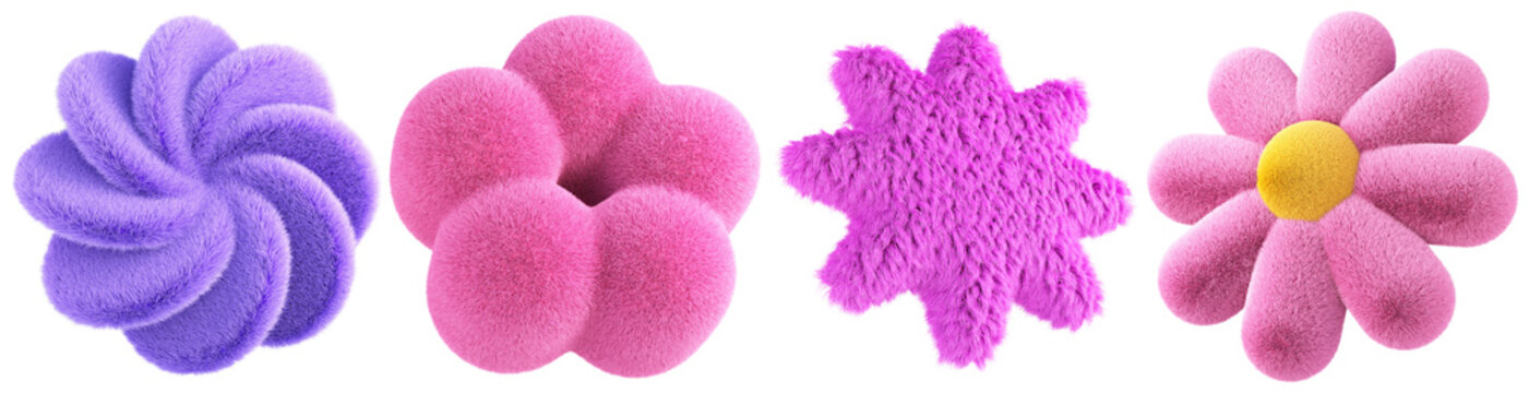 a vibrant collection of fluffy, soft-textured floral and abstract shapes in pastel pinks and purples, 3d render.