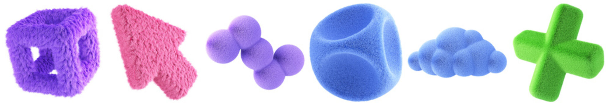 a diverse array of soft-textured 3d geometric shapes and abstract forms in vibrant pastel colors, isolated on black.