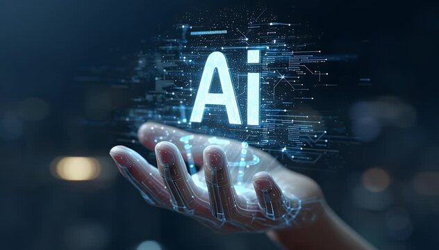 A glowing "AI" inscription hovers above a translucent hand, amid circuit board imagery