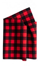 Folded fabric swatch; large red and black buffalo check, textured. Top-down product shot on white backdrop