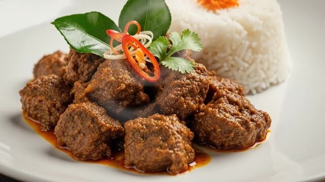 Delicious Traditional Indonesian Rendang Beef Stew Served with White Rice, Isolated White Background, Appetizing and Flavorful.