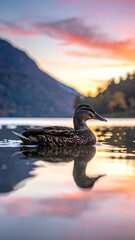 Duck swims in tranquil lake waters mirroring a vibrant, colorful sunset behind distant mountain