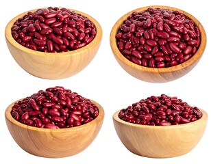 Four light wood bowls, brimming with red kidney beans, create a healthy, isolated food presentation