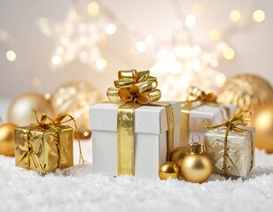 A festive arrangement of gift boxes and ornaments on snowy surface