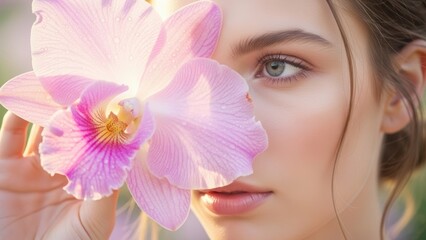 Pink orchid covering one eye of woman