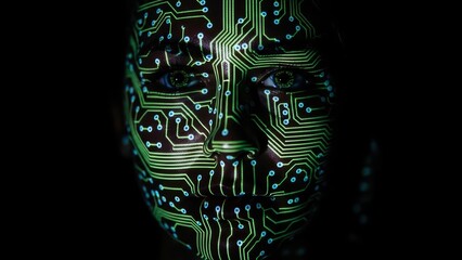 Face covered with green circuit board projection