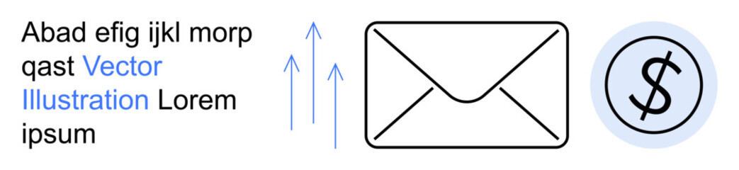 Obraz premium Communication, financial services, email marketing, business correspondence, digital transactions, corporate solutions. Envelope icon, upward arrows dollar sign in circular frame. Communication