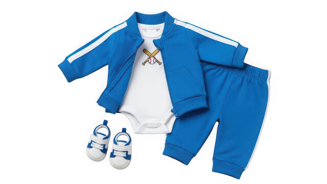 A blue baby boy's athletic wear set laid out on a transparent background