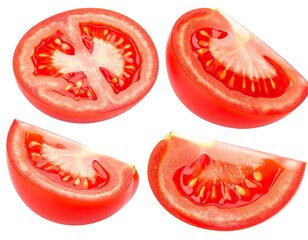 Four vibrant red tomato slices shown on a white backdrop, revealing their juicy pulp and seed chambers