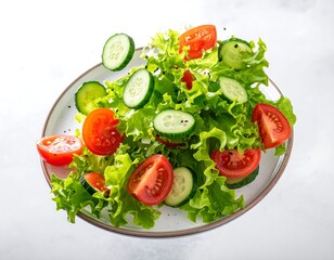 Fresh salad with tomatoes and cucumbers mid-air above a plate on a light background