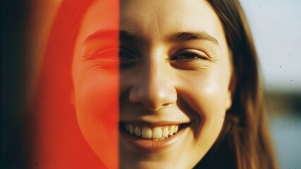 Smiling woman face with film burn overlay