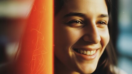 Happy woman close up with orange film burn