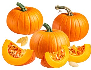 Obraz premium Cut and whole vibrant orange pumpkins scattered, revealing pulp and seeds against a bright, transparent background
