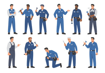 Diverse group of technicians in various uniforms and poses with tools, standing and working